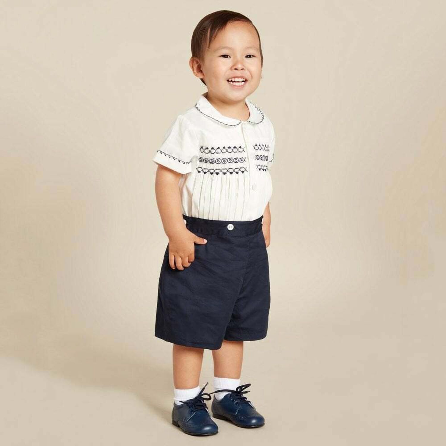 Baby Boys White & Navy Shorts Set, 1, hi-res