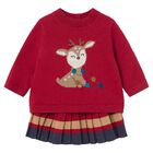 Baby Girls Red, Beige & Navy Blue Reindeer Skirt Set, 1, hi-res