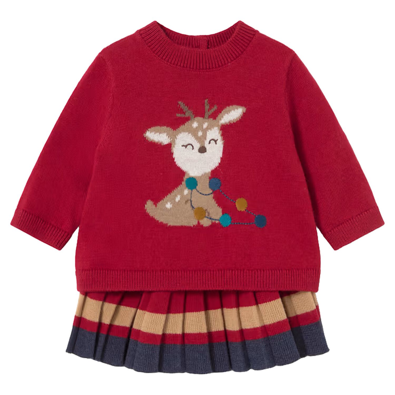 Baby Girls Red, Beige & Navy Blue Reindeer Skirt Set, 1, hi-res