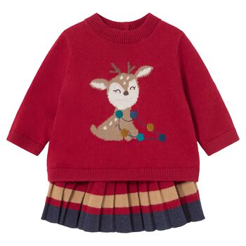 Baby Girls Red, Beige & Navy Blue Reindeer Skirt Set
