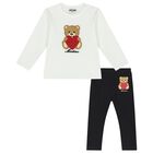 Younger Girls Ivory & Black Teddy Bear & Heart Leggings Set, 1, hi-res