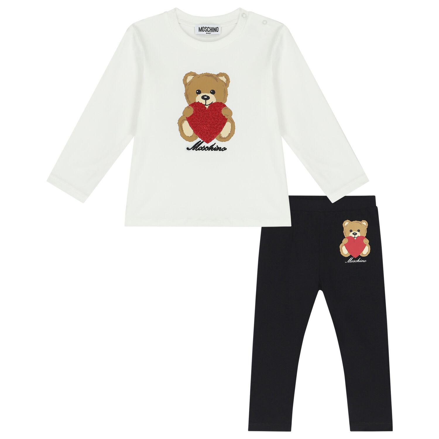 Younger Girls Ivory & Black Teddy Bear & Heart Leggings Set, 1, hi-res