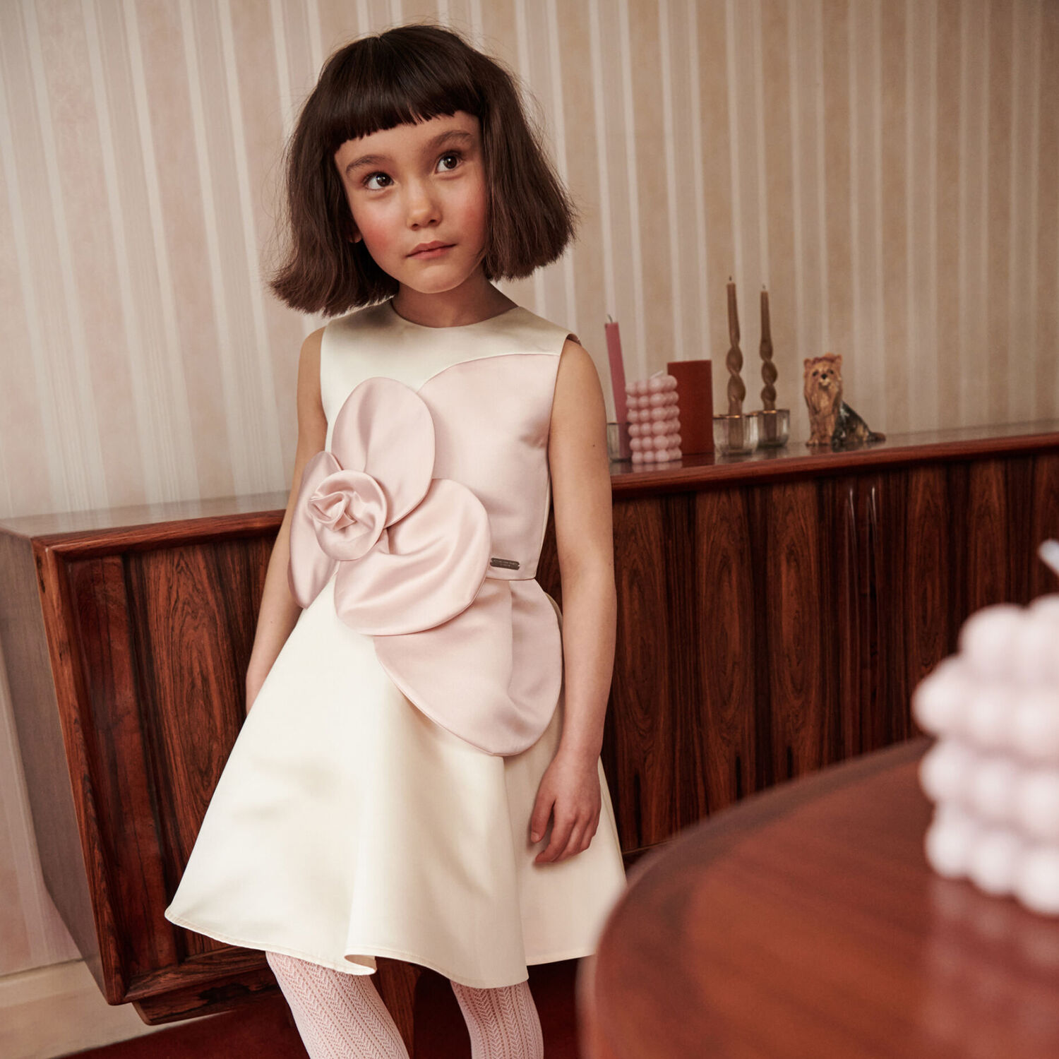 Girls Ivory & Pink Flower Satin Dress, 1, hi-res