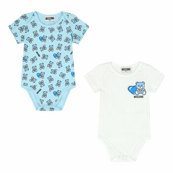 White & Blue Teddy Bear Bodysuit Set