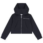 Girls Navy Blue Logo Hooded Zip Up Top, 1, hi-res