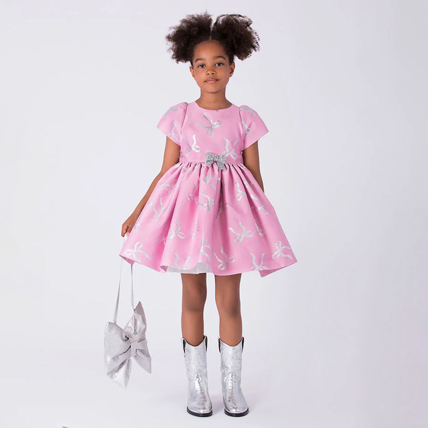 Girls Pink & Silver Bow Dress, 1, hi-res