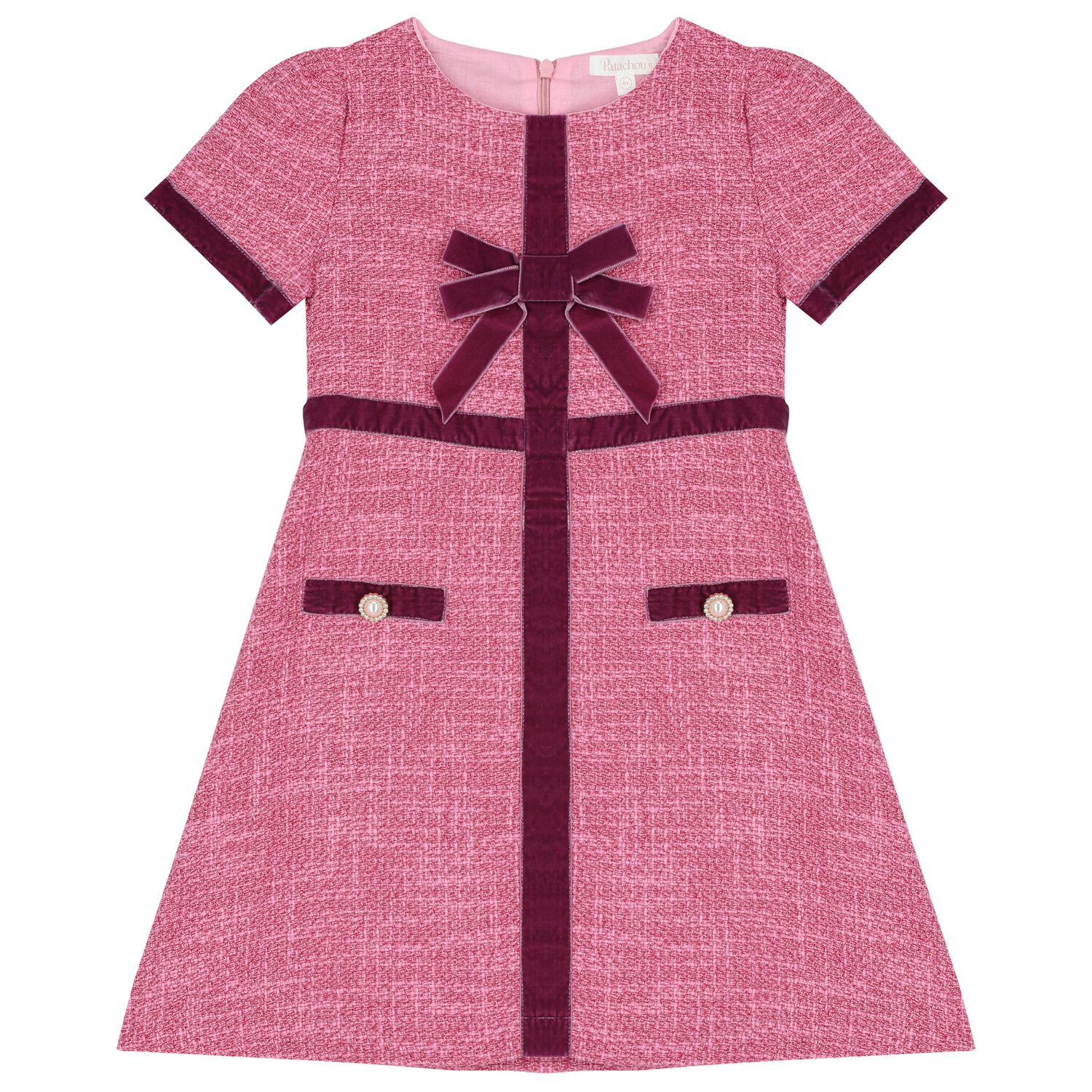 Girls Pink Tweed & Velvet Bow Dress, 2, hi-res
