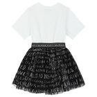 Girls White & Black Logo Dress, 1, hi-res