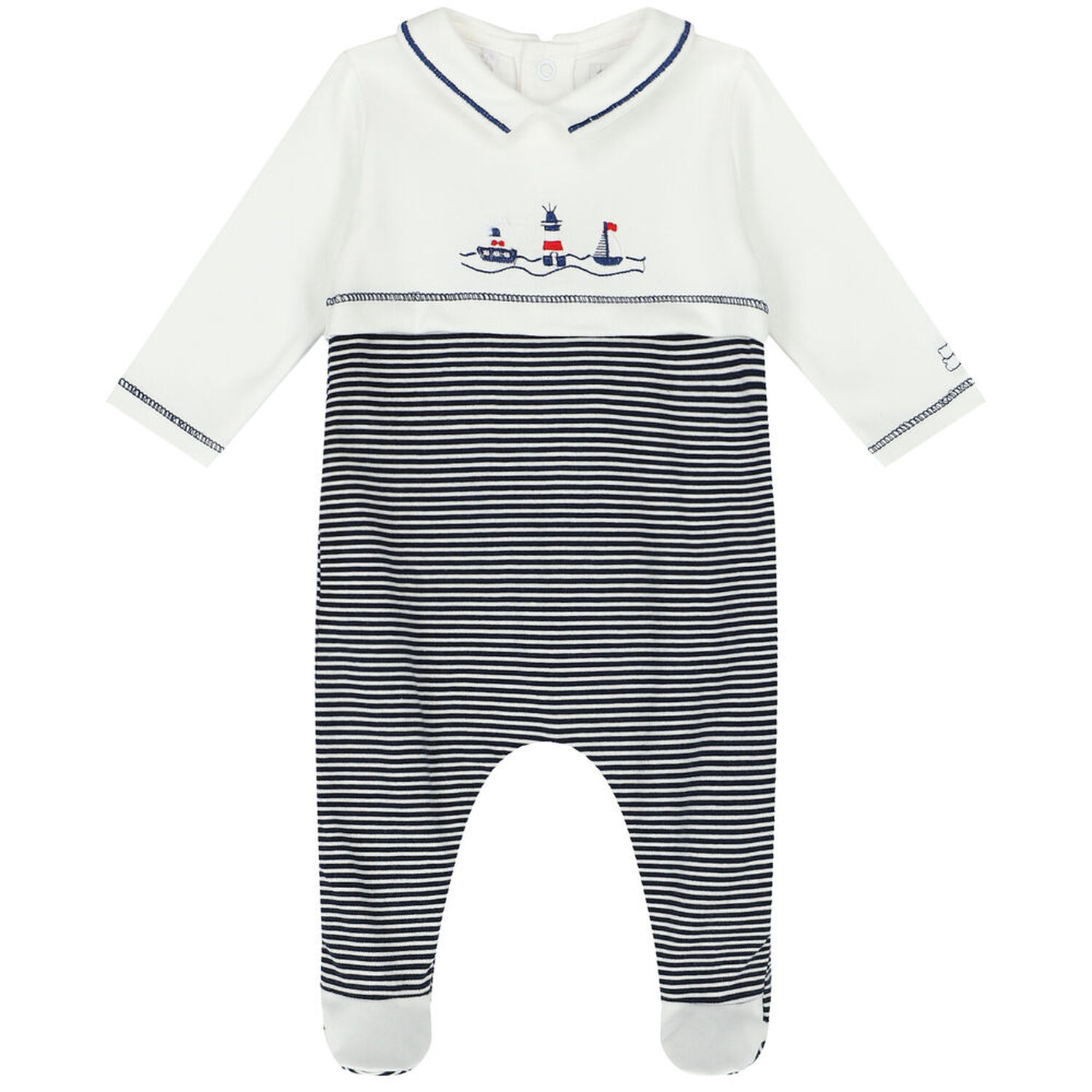 Baby Boys White & Navy Striped Babygrow, 2, hi-res