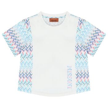 Girls White & Blue Logo Zig Zag T-Shirt