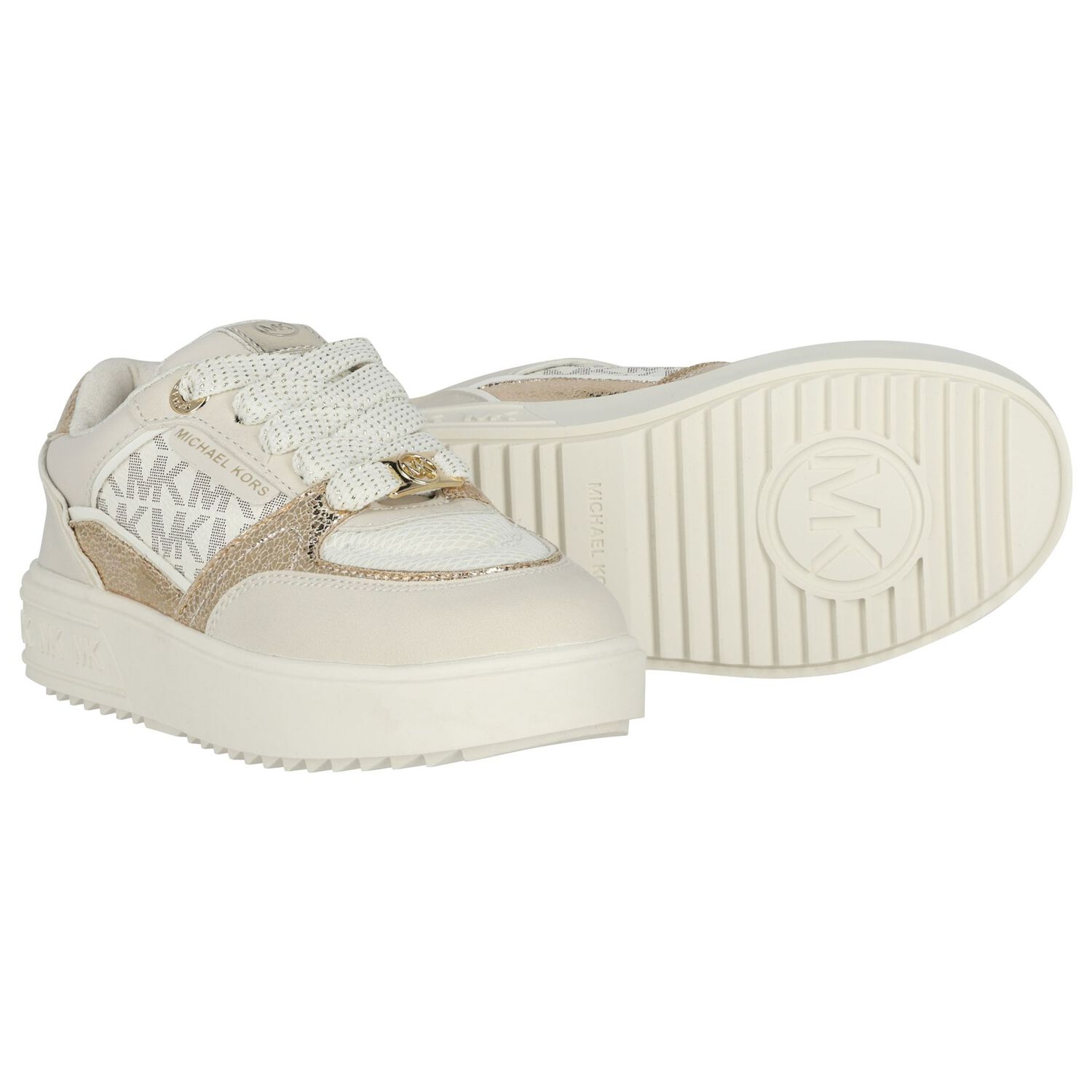 Girls Ivory & Gold Logo Trainers, 1, hi-res