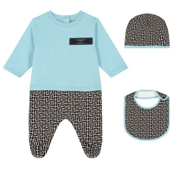 Baby Boys Blue & Monogram Print Babygrow Gift Set