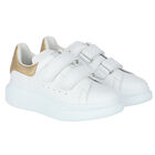 White & Gold Logo Trainers, 1, hi-res