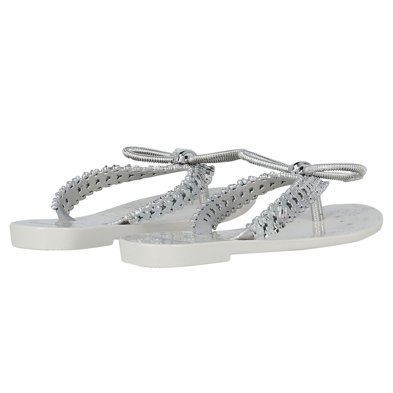 Girls Ivory & Silver Bow Flip Flops, 1, hi-res image number null