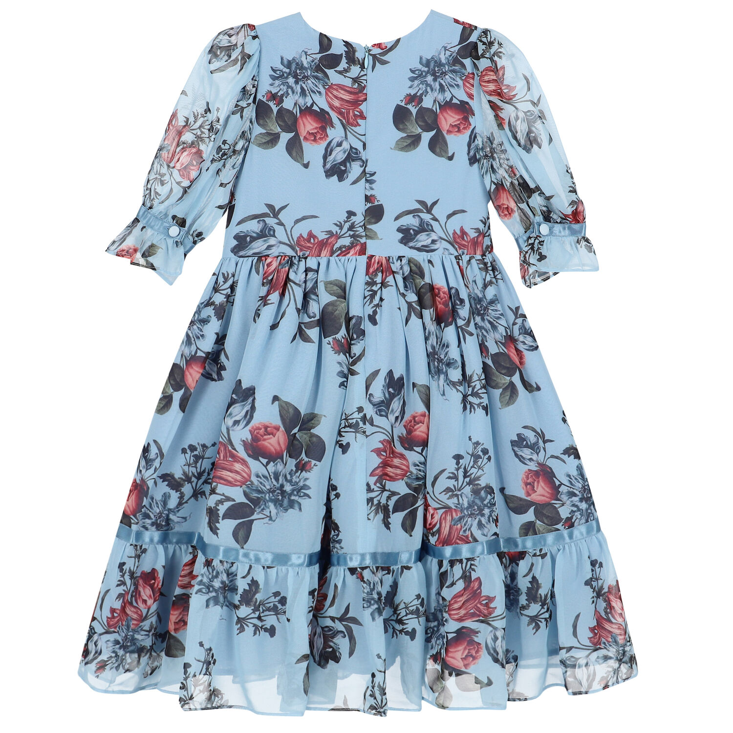 Girls Blue Floral Chiffon Dress, 1, hi-res