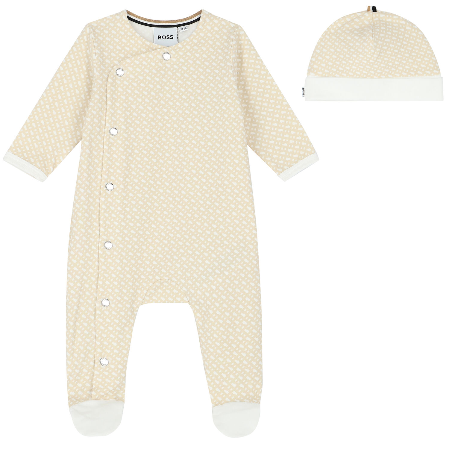 Beige & White Monogram Babygrow & Hat Set, 1, hi-res