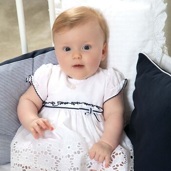 Baby Girls White & Navy Blue Dress