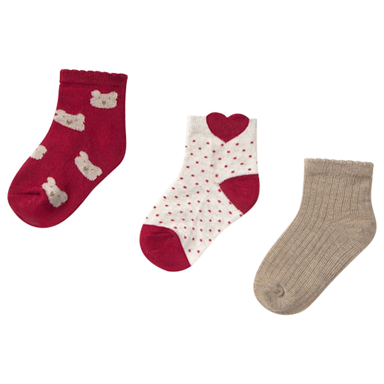 Younger Girls Red, Ivory & Beige Socks ( 3 Pack ), 3, hi-res image number null