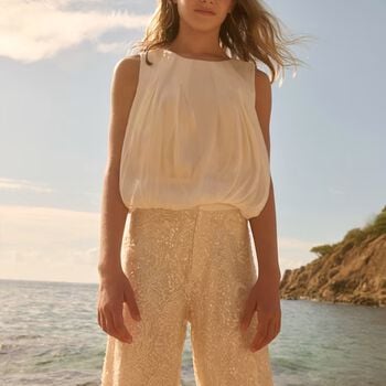 Girls Beige & Gold Chiffon & Sequin Lace Trousers Set