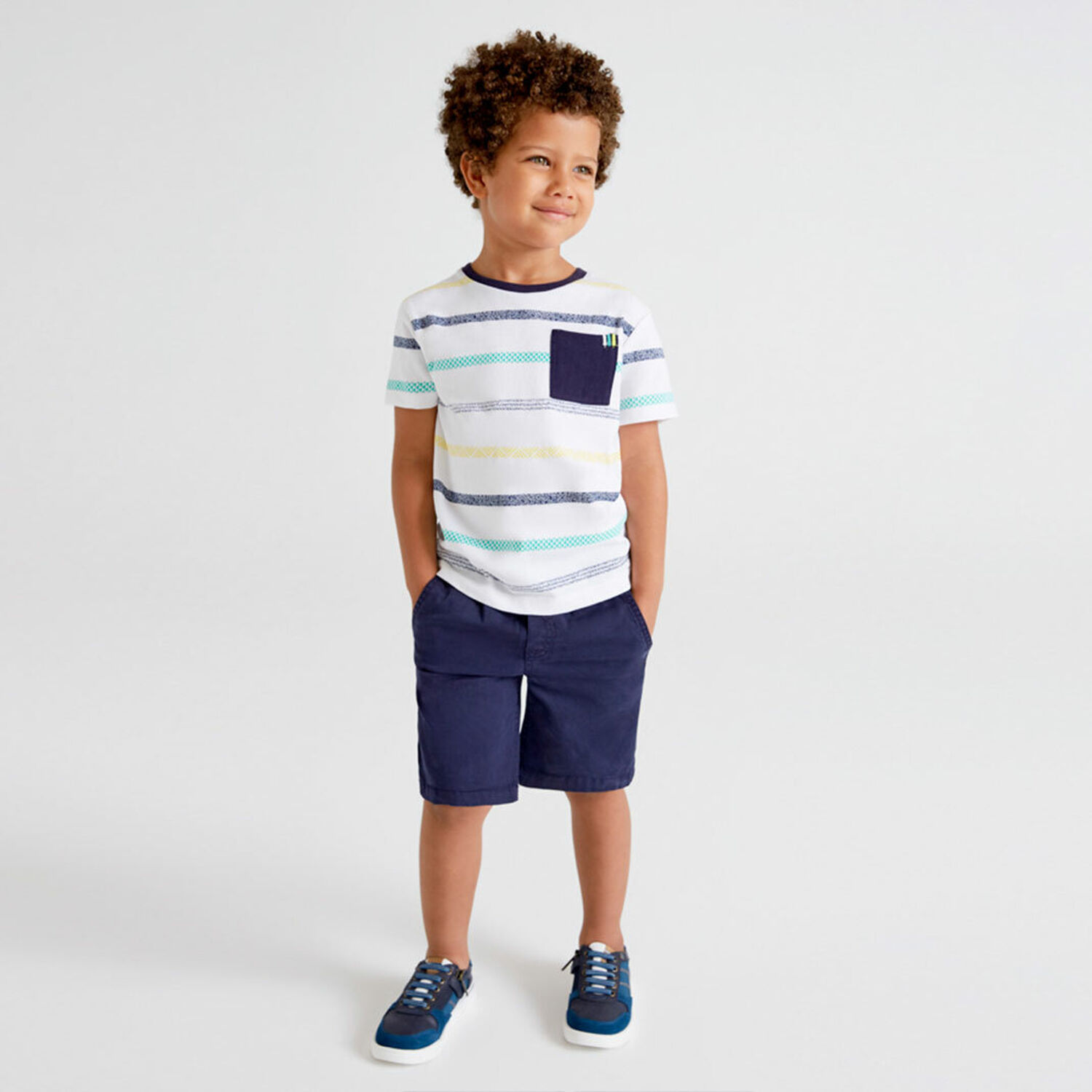 Boys White & Navy Striped Shorts Set, 1, hi-res