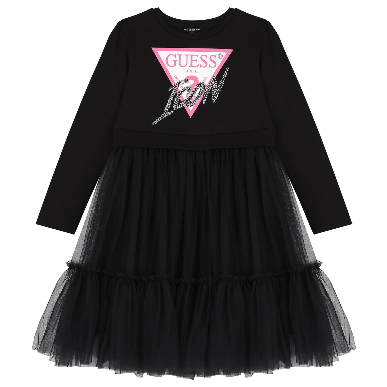 Girls Black Logo Tulle Dress, 2, hi-res