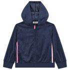 Girls Navy Blue & Pink Hooded Zip Up Top , 1, hi-res