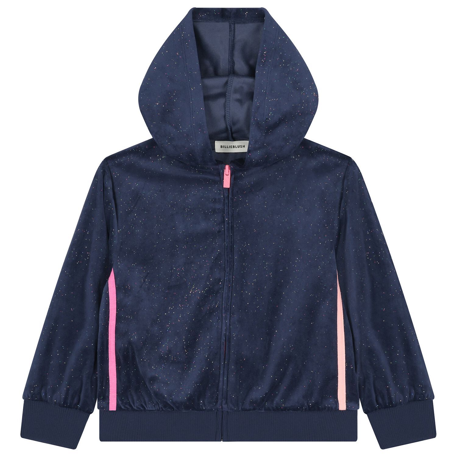 Girls Navy Blue & Pink Hooded Zip Up Top , 1, hi-res