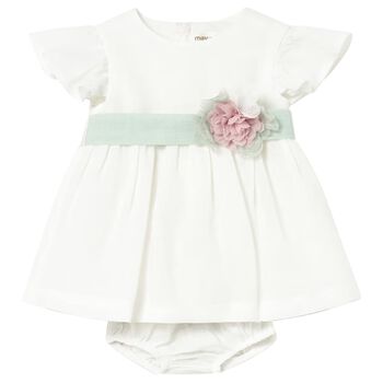 Baby Girls Ivory & Green Flower Dress Set