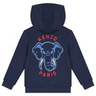 Boys Navy Blue Elephant Logo Hooded Zip Up Top, 1, hi-res