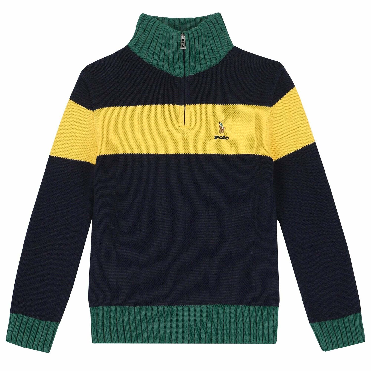 Boys Green, Navy & Yellow Logo Knitted Top, 1, hi-res