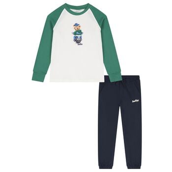 Boys White, Green & Navy Blue Teddy Bear Trouser Set
