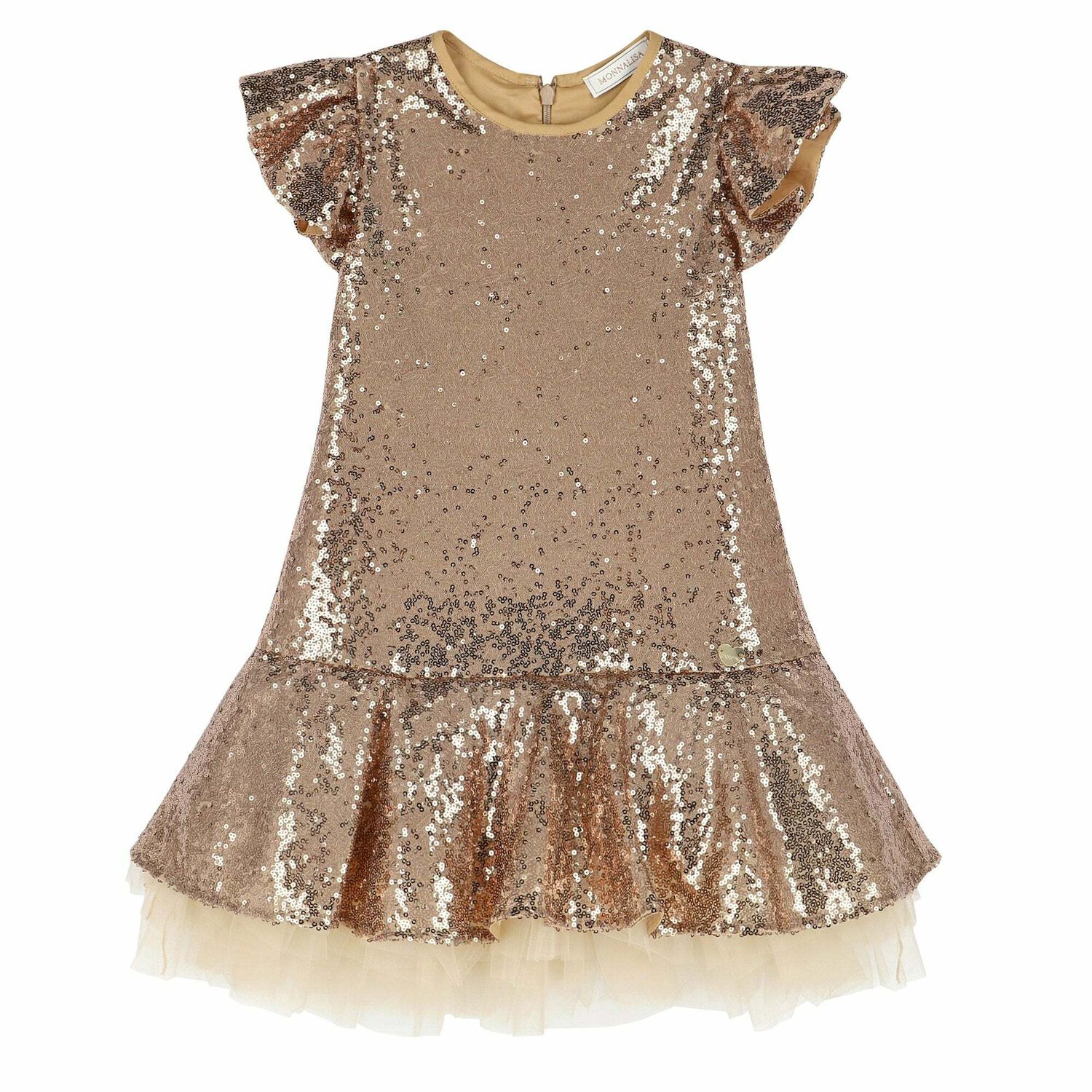 Girls Gold Sequin & Tulle Dress, 1, hi-res