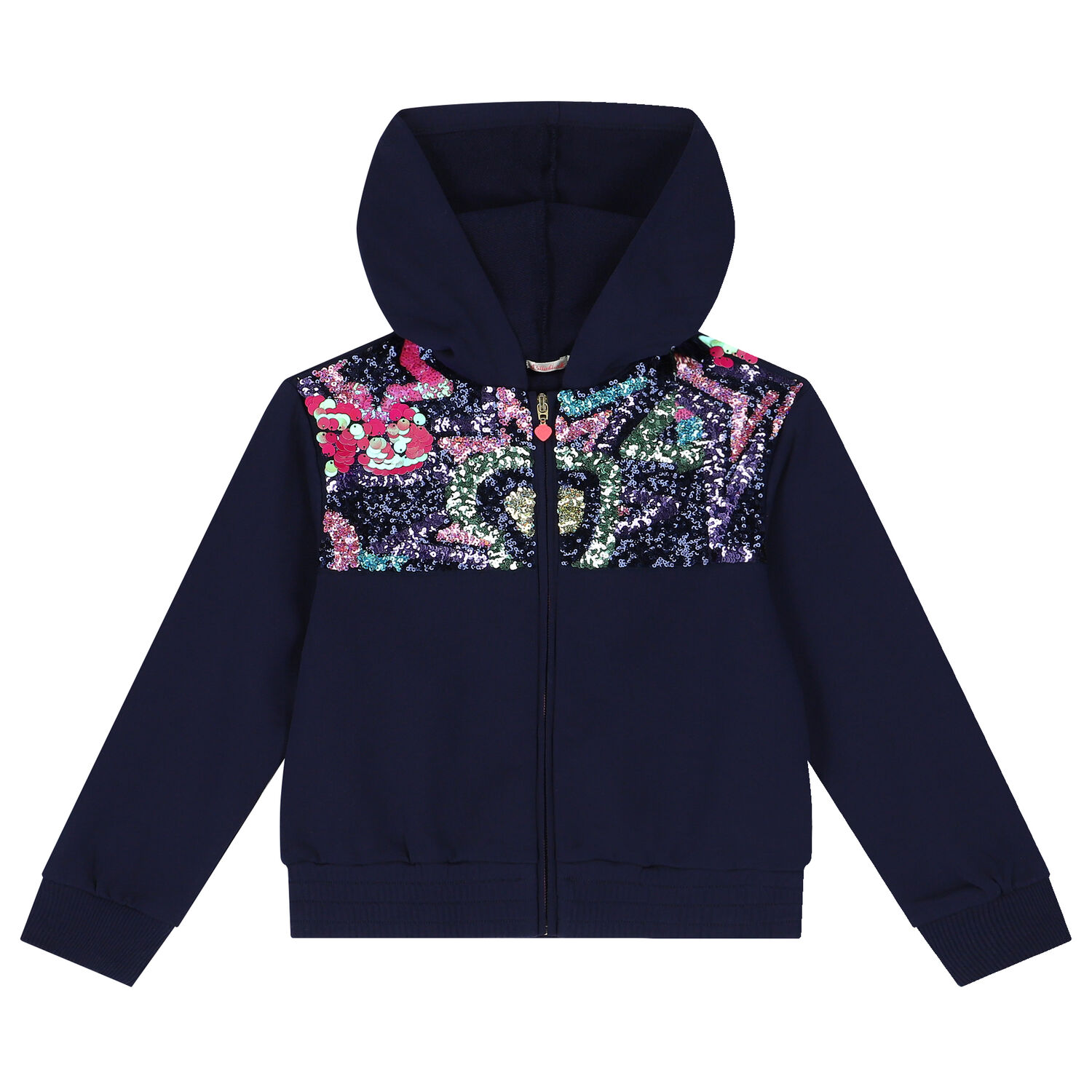 Girls Navy Blue Sequin Hooded Zip Up Top, 1, hi-res