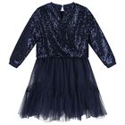 Girls Navy Blue Embellished Tulle Dress, 1, hi-res