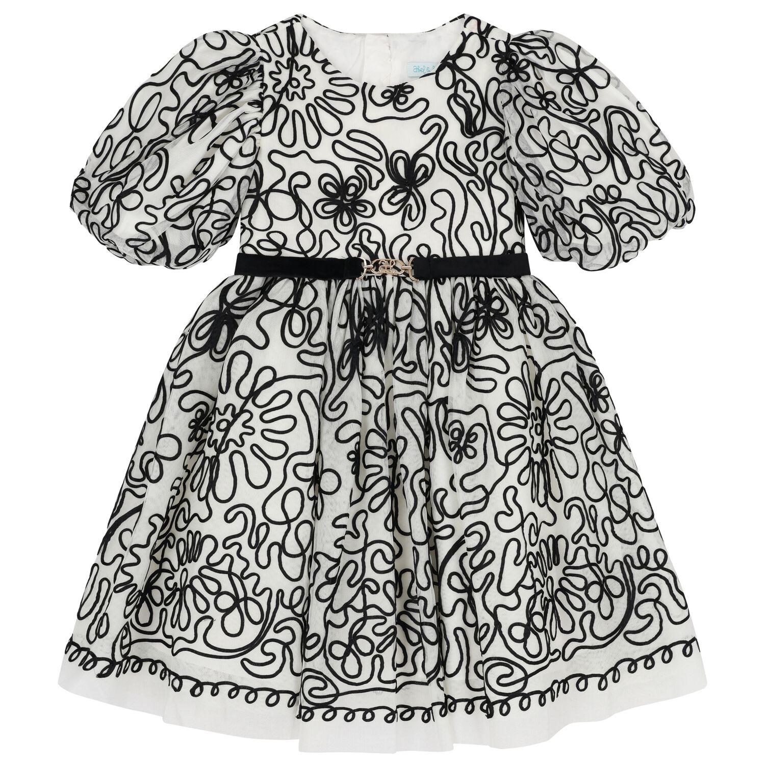 Girls Ivory & Black Ribbon Floral Tulle Dress, 1, hi-res