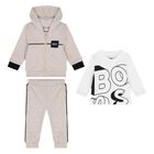 Baby Boys Beige & White Logo Tracksuit Set, 3, hi-res