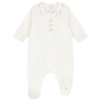 Baby Girls Ivory Bow Velour Babygrow