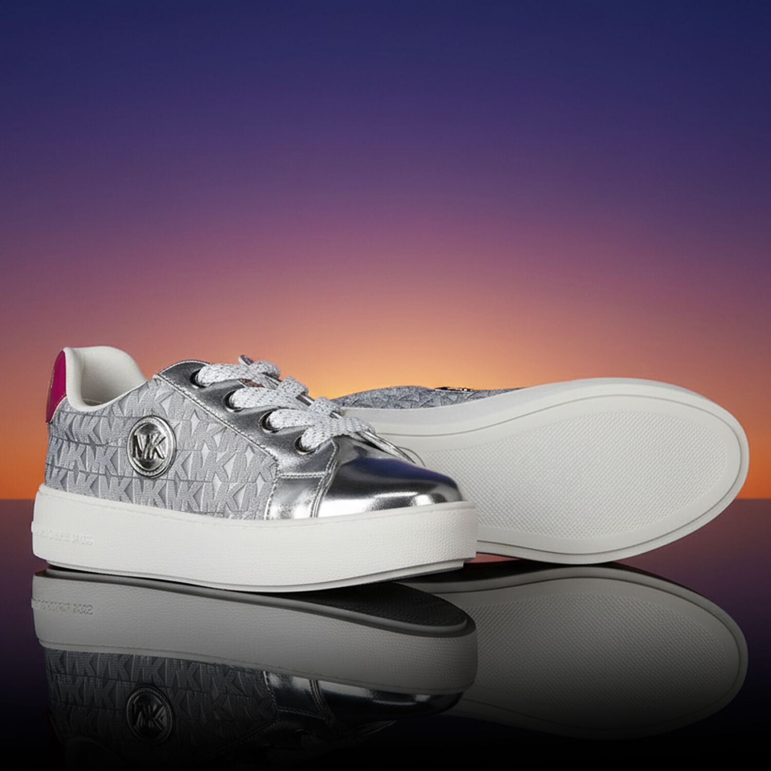 Girls Silver & Pink Logo Trainers, 1, hi-res