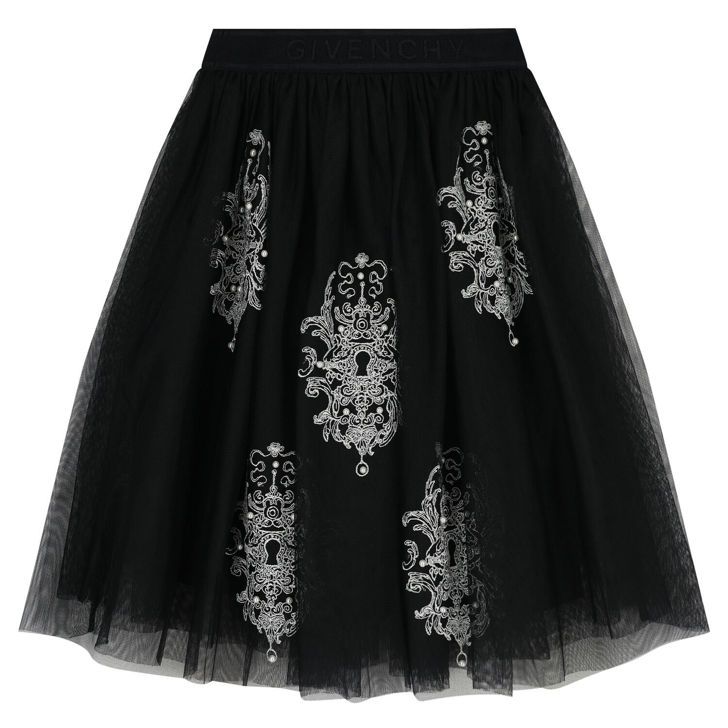 Girls Black Embellished Tulle Skirt, 1, hi-res