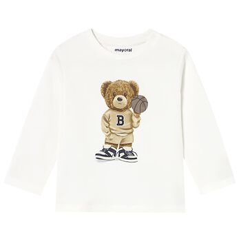 Younger Boys White Teddy Bear Long Sleeve Top