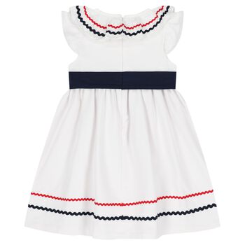 Girls White & Navy Blue Bow Dress