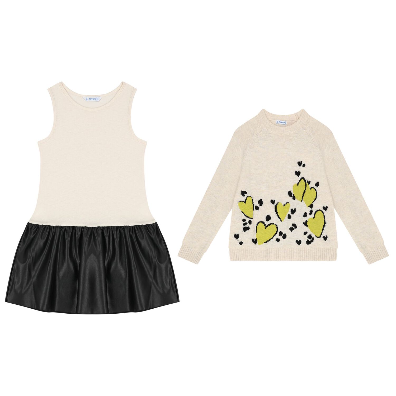 Girls Beige & Black Heart Dress Set, 1, hi-res