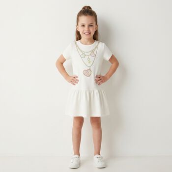 Younger Girls Ivory Necklace Logo Dress