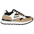 Boys Black, Beige & White Logo Trainers, 1, hi-res