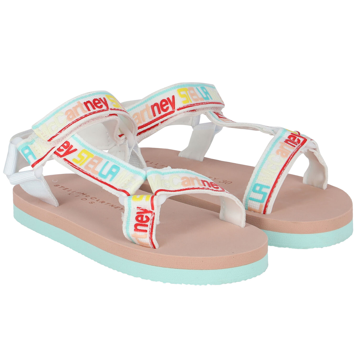 Girls White, Beige & Aqua Logo Sandals, 1, hi-res