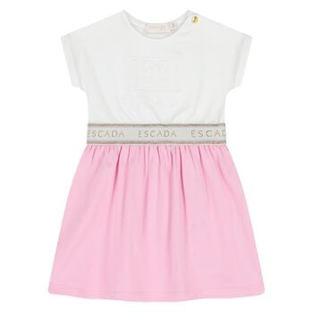 Younger Girls White & Pink Logo Dress