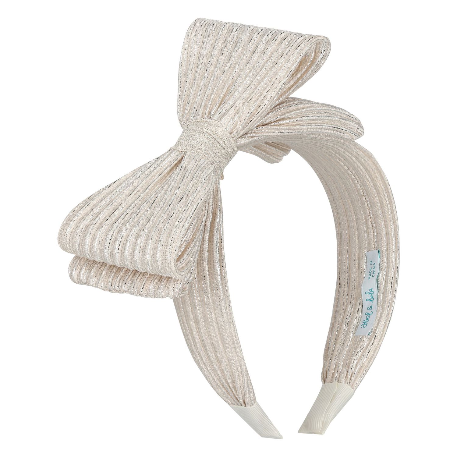 Girls Beige & Silver Bow Striped Headband, 1, hi-res