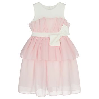 Girls White & Pink Bow Tiered Dress