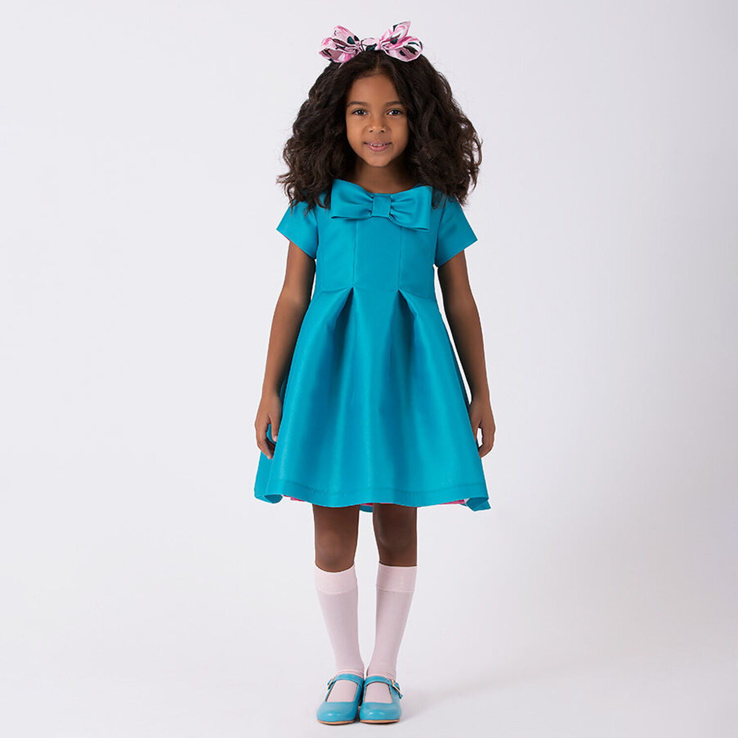 Girls Turquoise Satin Bow Dress, 1, hi-res