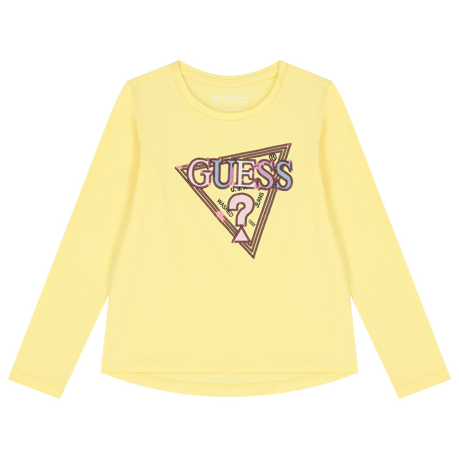 Girls Yellow Logo Sequin Long Sleeve Top, 2, hi-res